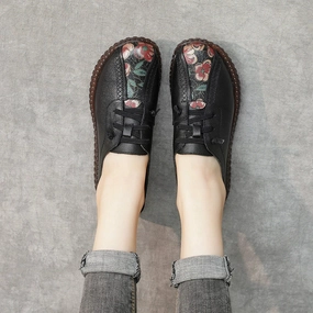 Babakud Women Autumn Leather Floral Lace-Up Casual Shoes Cushioning Layer