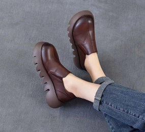 Women Spring Summer Platform Retro Leather Casual Shoes Zero Drop Profile Strap