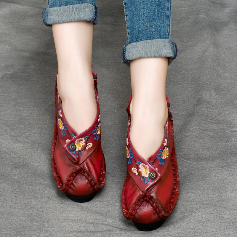 Babakud Women Spring Retro Leather Embroidered Handmade Casual Shoes Tread Pattern Glam shock absorption