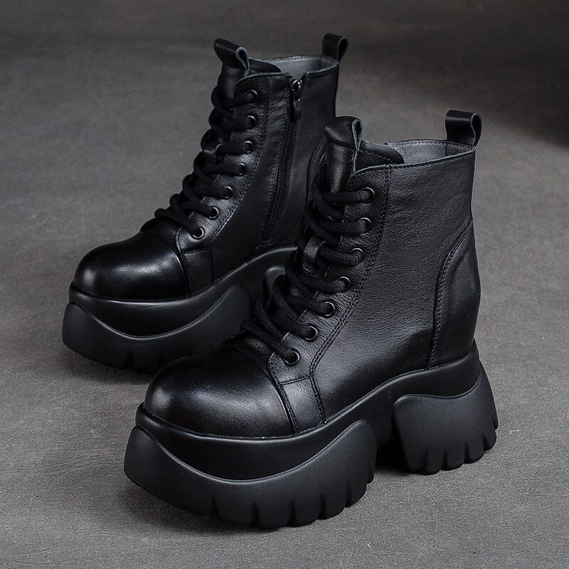 street walkers' sneakers Autumn Retro Solid Leather Chunky Platform Boots