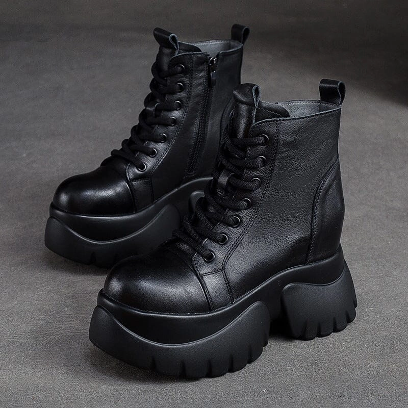Autumn Retro Solid Leather Chunky Platform Boots hand - washable