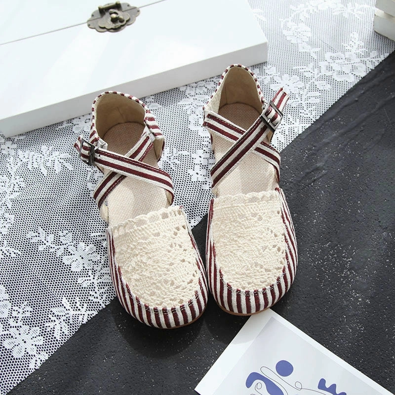 Bold colors loose - fit Summer Linen Closed Toe Lace Crossing Straped Striped Shoes