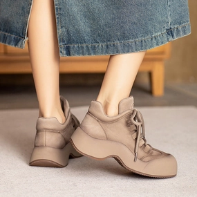 Quick design Women Vintage Chunky Heel Lace Up Genuine Leather Booties