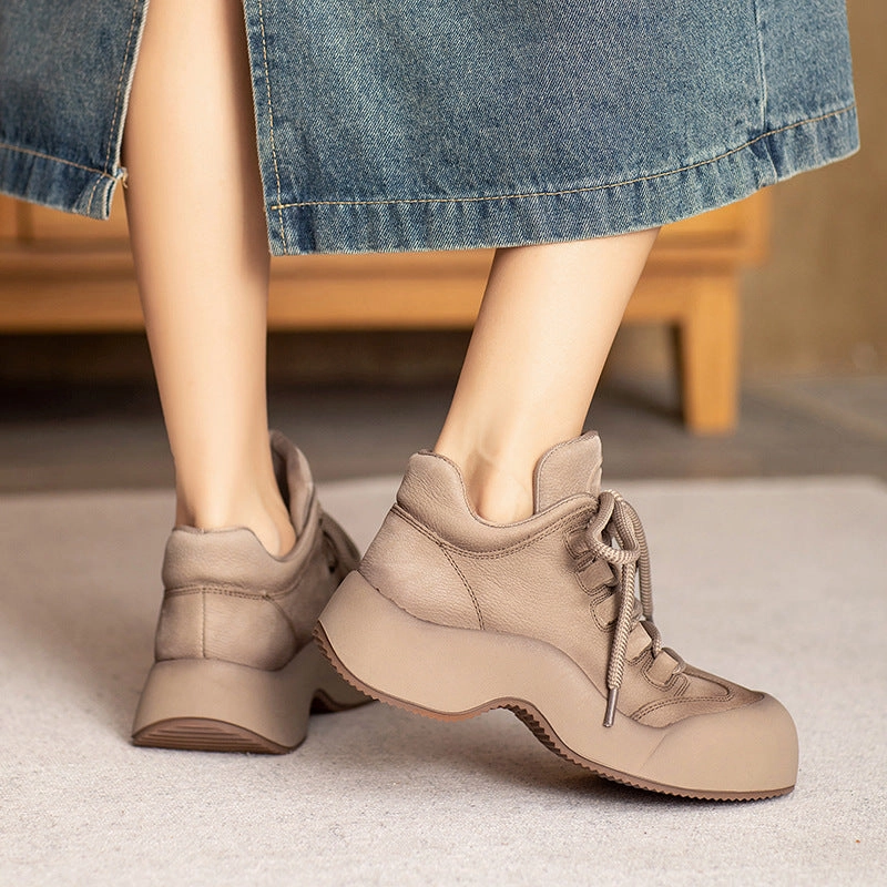 Quick design Women Vintage Chunky Heel Lace Up Genuine Leather Booties