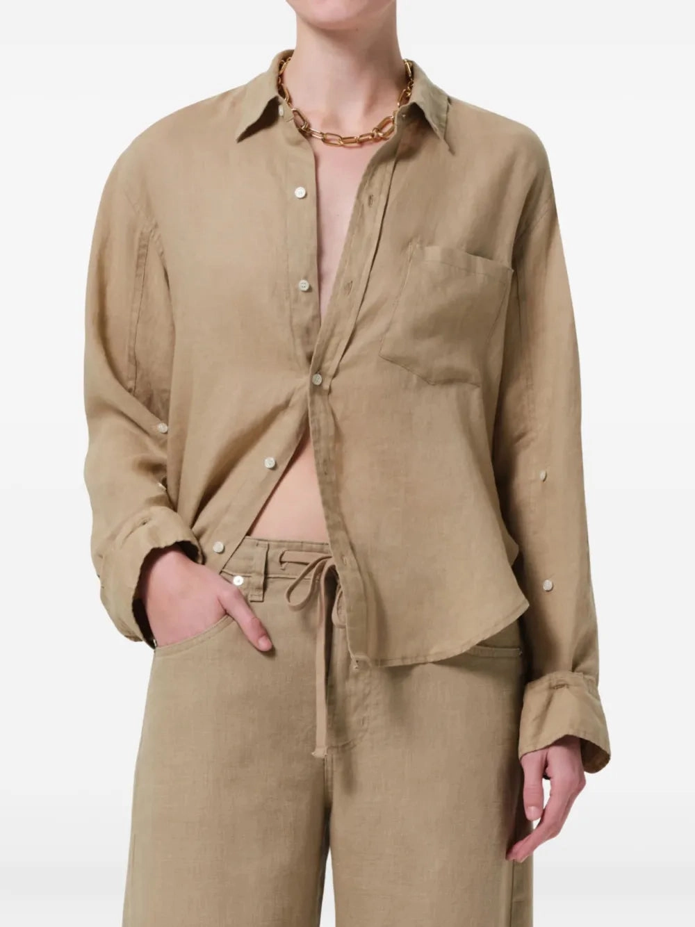 Sporty Look Kayla Shrunken Linen Shirt in Gobi