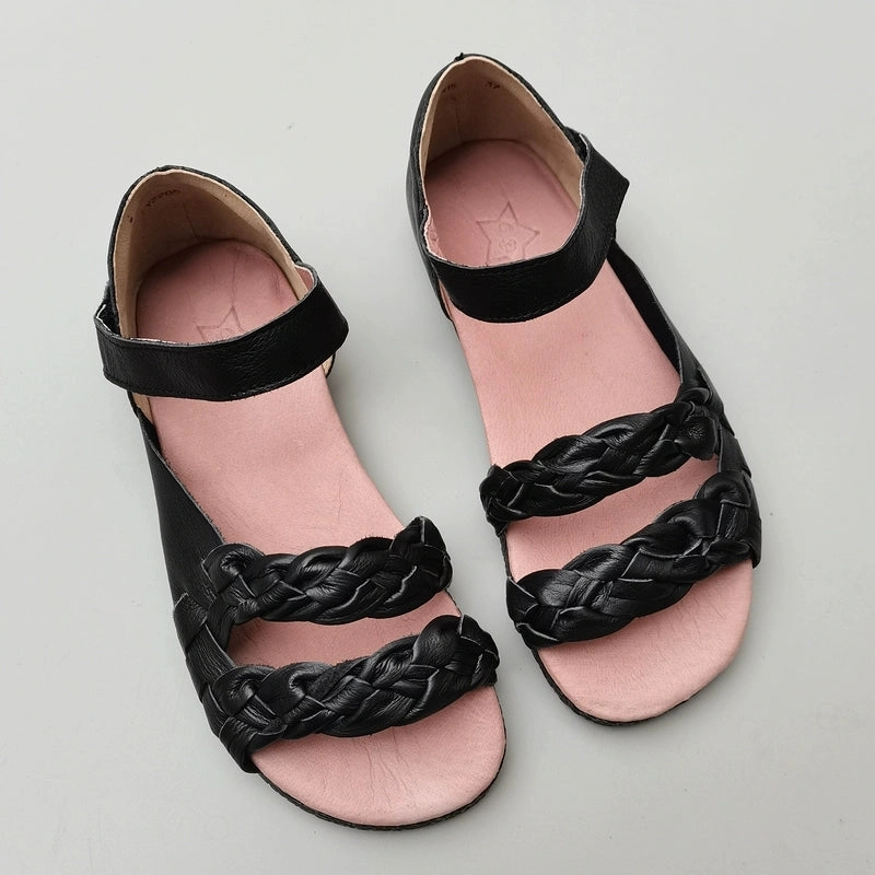Women Summer Vintage Genuine Cowhide Soft Sole Woven Sandals Natural Motion Flex men's styles