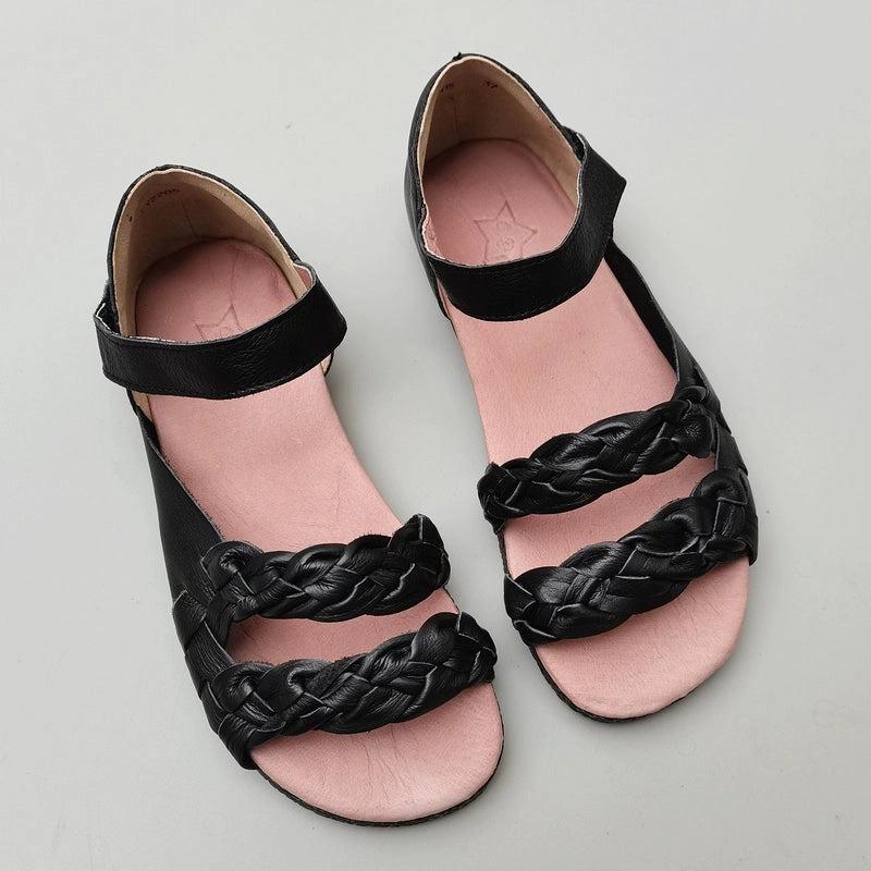 Women Summer Vintage Genuine Cowhide Soft Sole Woven Sandals Quick Drying Lining