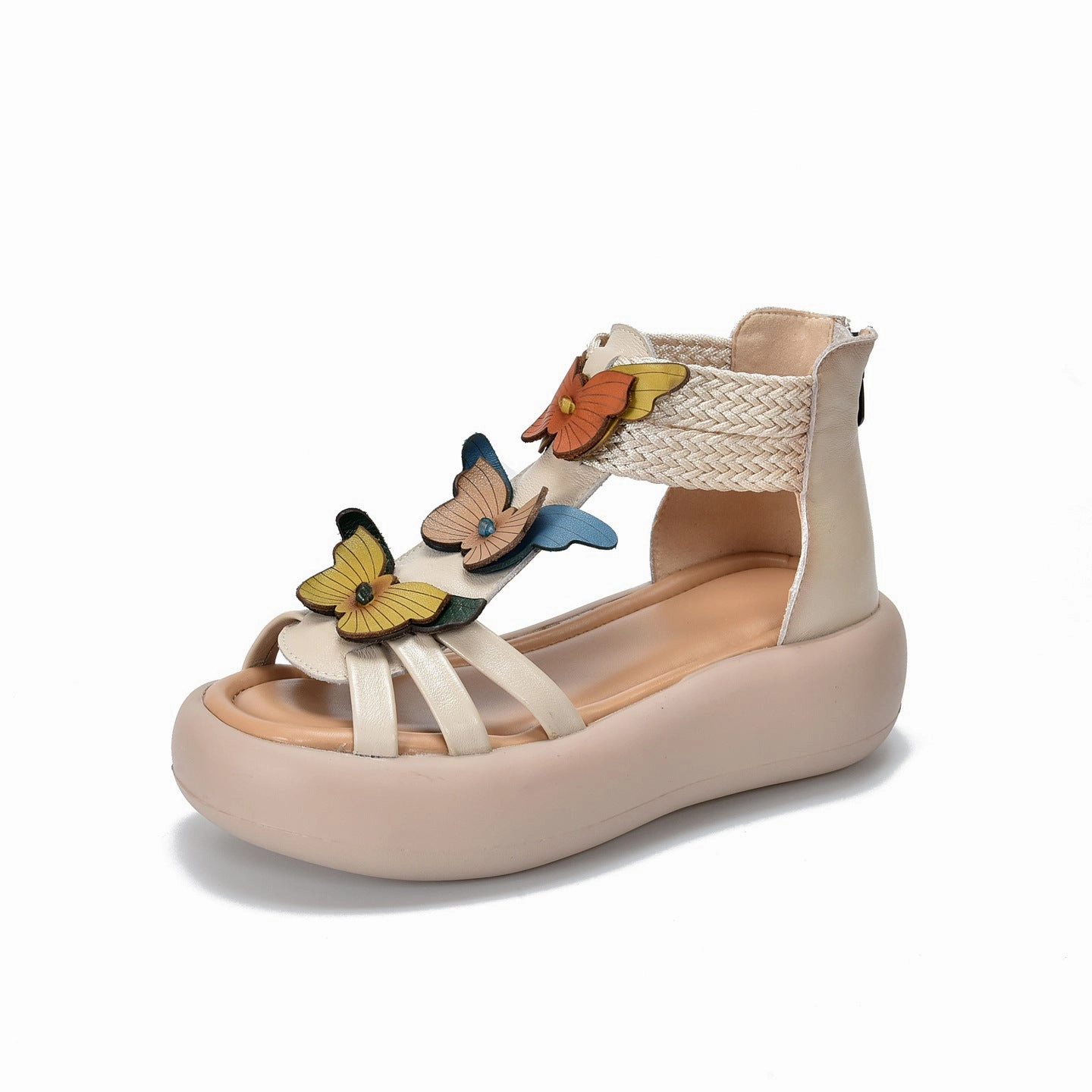 Babakud Retro Leather Platform Butterflies Floral Woveb Strap Sandals Dynamic Lacing Mechanism