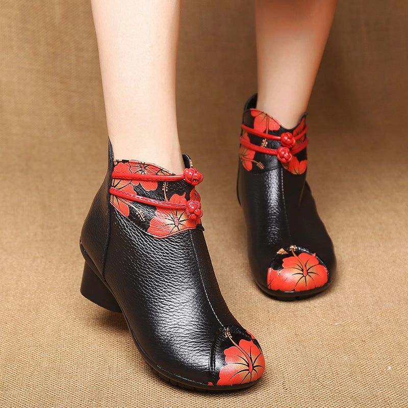 Ladies Black Ethnic Style Retro Printed Leather Mid-Heel Booties Trustworthy Supportive grip