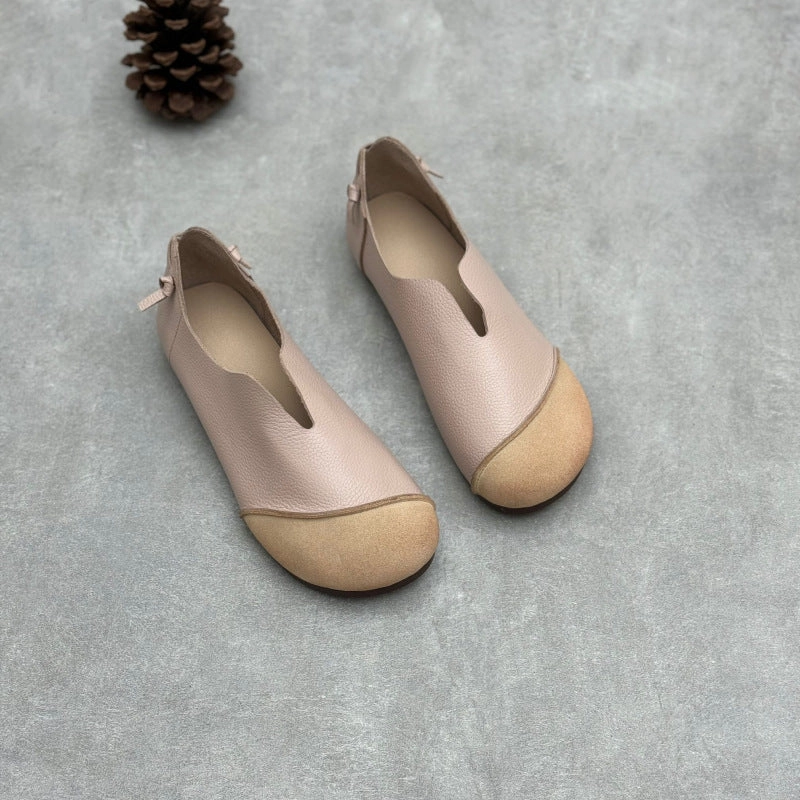 Low Profile Collar Ladies Retro Contrast Low Heeled Soft Leather Slip-On Shoes