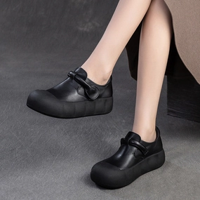 least cycling palette Ladies Retro Leather Platform Soft Sole Round Toe Slip-Ons