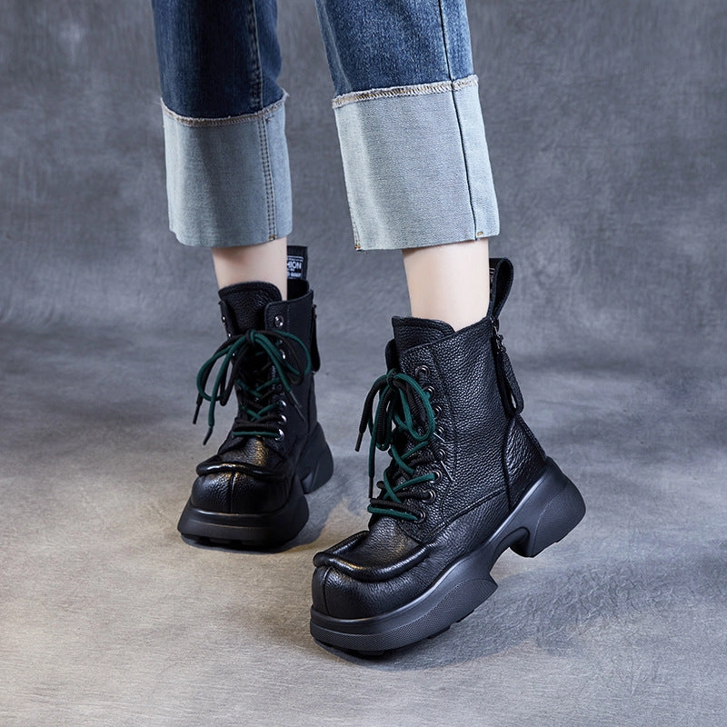 gym - goer Canvas Ladies Stylish Square Toe Platform Lace-Up Leather Martin Boots