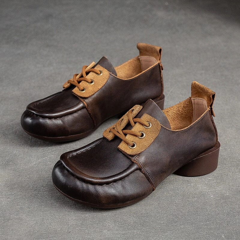 Autumn Retro Patchwork Leather Low Heel Casual Shoes Heat Dissipation System half - size