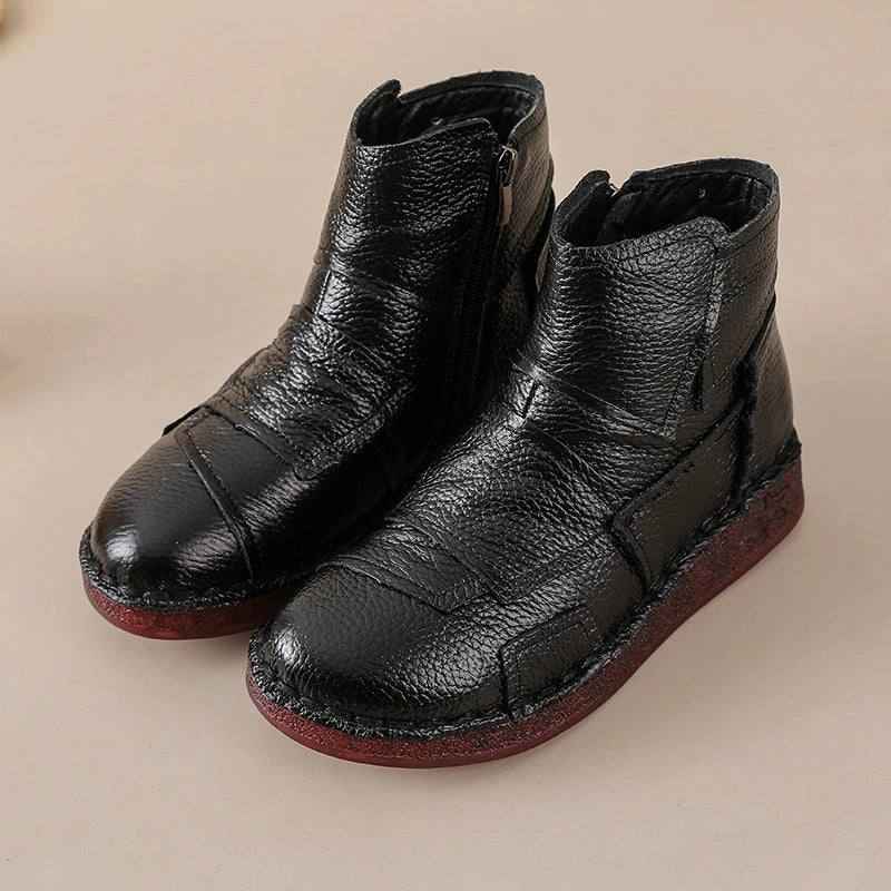 Double Stitch Construction Non Marking Tread Winter Warm Leather Fleece-In Patchwork Casual Ankle Boots