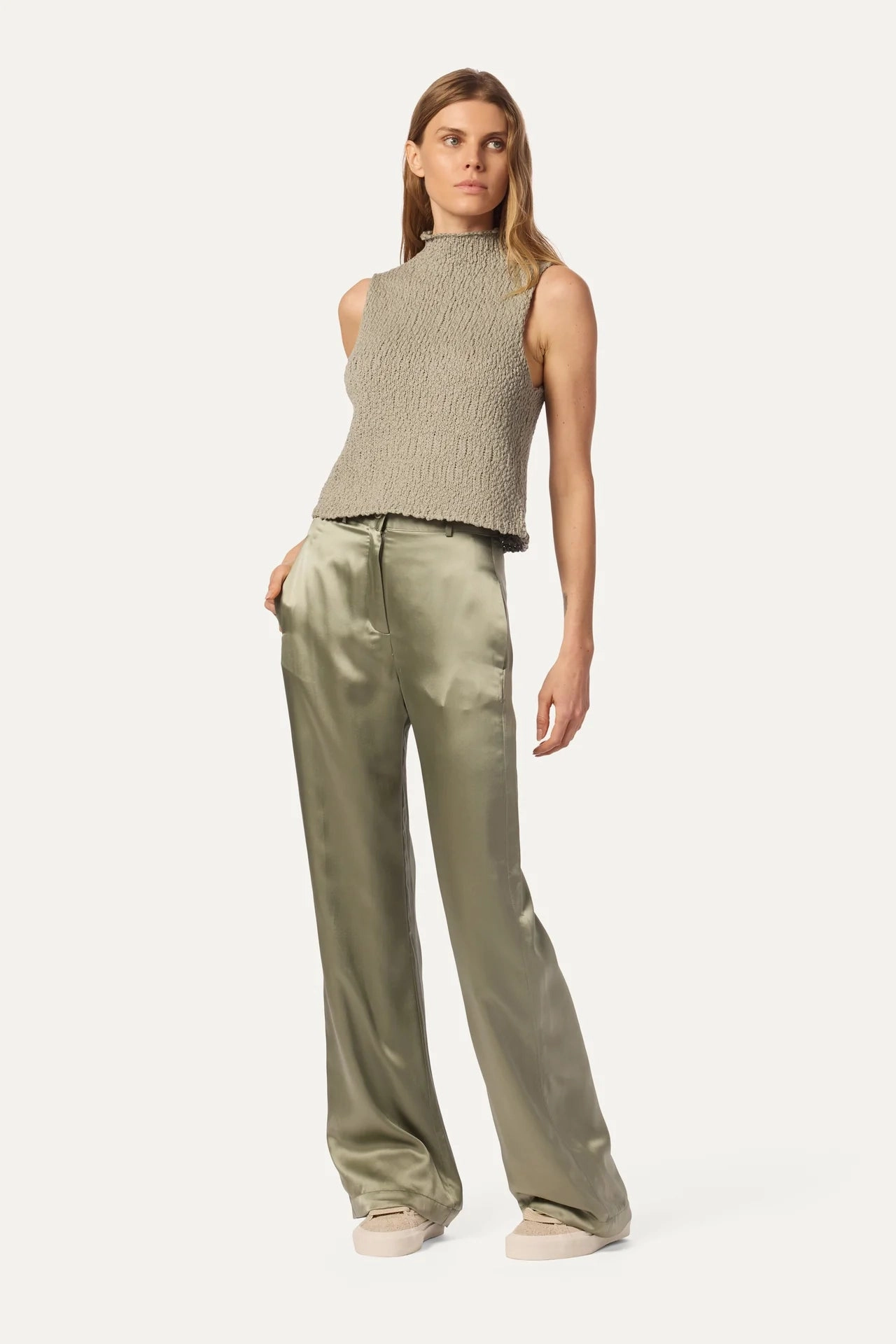 Feather Glow Leeland Flat Front Trouser in Eucalyptus