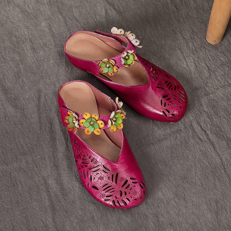 Women Ethnic Style Retro Hollow Floral Leather Slippers bright - colors Pilates practitioners - specific functions