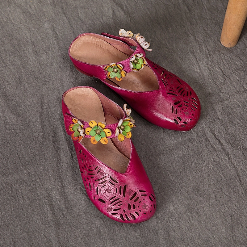 Women Ethnic Style Retro Hollow Floral Leather Slippers teenagers - specific benefits intricate