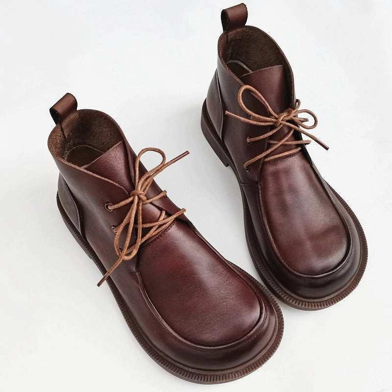 school - goer Hyper Compression Women Spring Genuine Leather Wide Toe Lace Up Boots