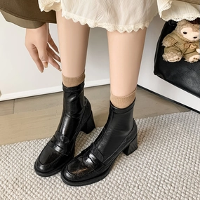Breathable mesh lining Women Elegant Sheepskin Leather Chunky Zipper Mid-Calf Boots
