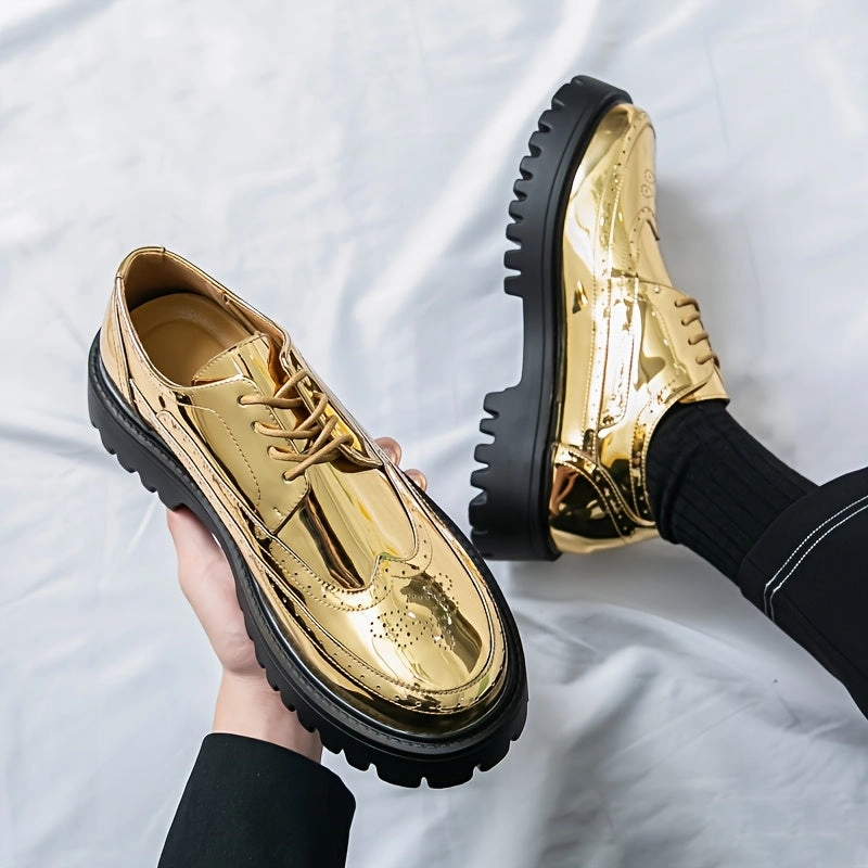 Men'S Stylish Golden Dress Shoes - Elegant Lace-Up Loafers for Business, Formal Events & Casual Attire, All-Season Comfort, Rubber Sole, Upper, Casual Dress Shoes | Golden Shoe Design | Rubber Sole Shoes Posture correction