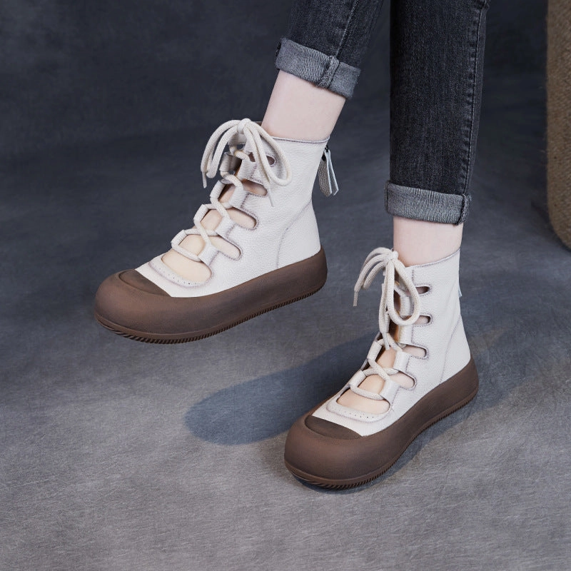 Women Retro Breathable Hollow Leather Lace-Up Short Boots Casual Ease