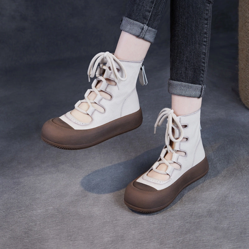 Hypoallergenic Inner Layer Women Retro Breathable Hollow Leather Lace-Up Short Boots