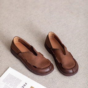 Babakud Retro Soft Comfy Minimalist Low Heel Leather Slip-Ons Flexible Grooves Durable Tread Design