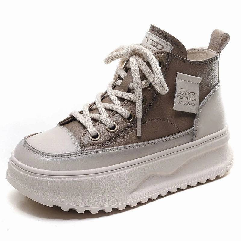 Women Retro Leather Patchwork Platform Lace-Up Shoes Air Circulation Tech