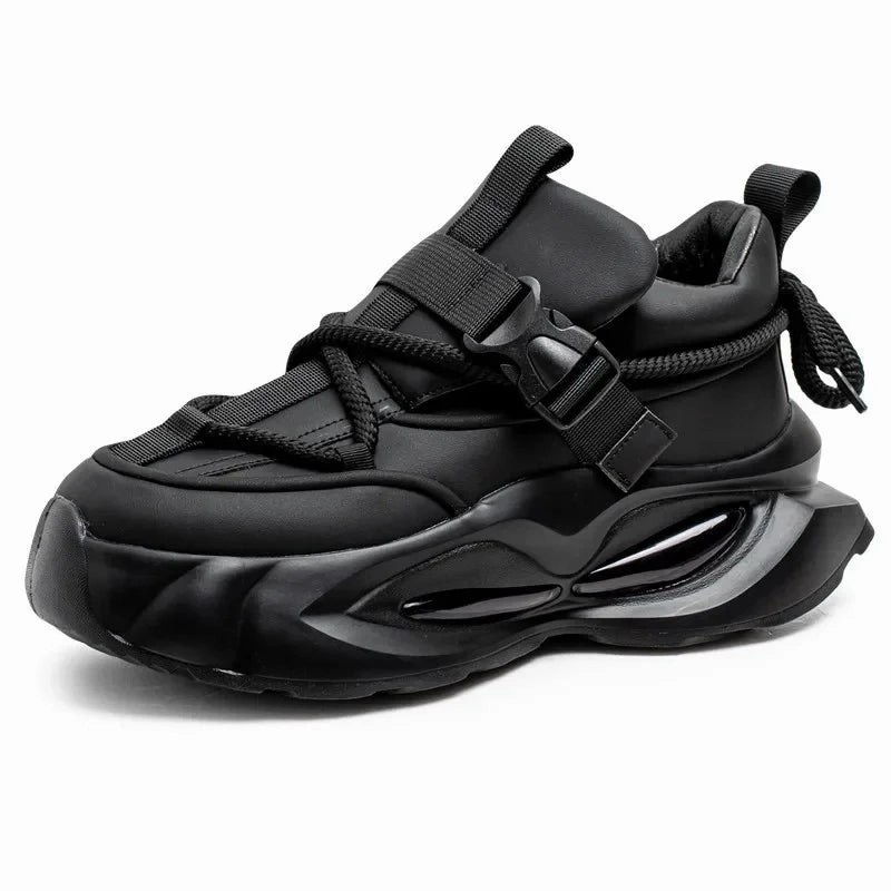 Waterproof Thick Bottom Dad Shoes Outdoor Sports Black Leather Surface Pure Color Spring Autumn Seasonal Style Casual Sneakers knee - high boots professional-grade