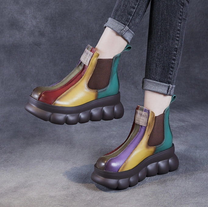 Multicolor Retro Chunky Sole Leather Ankle Boots for Women mountain climbers
