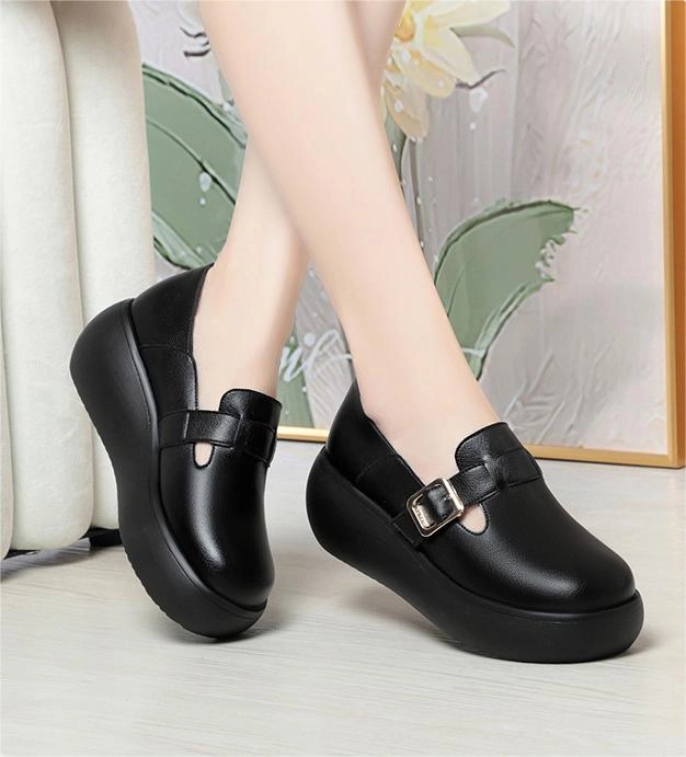 shopper Women Round Toe Soft Soled Leather Wedge Shoes