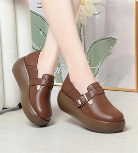 Ventilation Channel Design Women Round Toe Soft Soled Leather Wedge Shoes