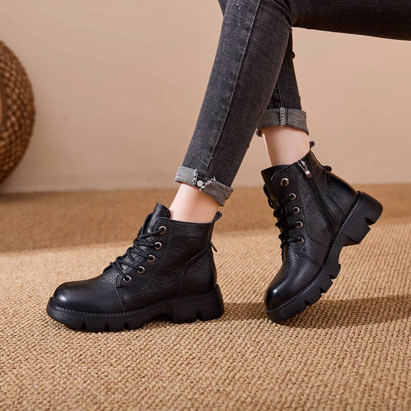 Autumn Top Grain Leather Retro Platform Chunky Ankle Boots walking - specific benefits