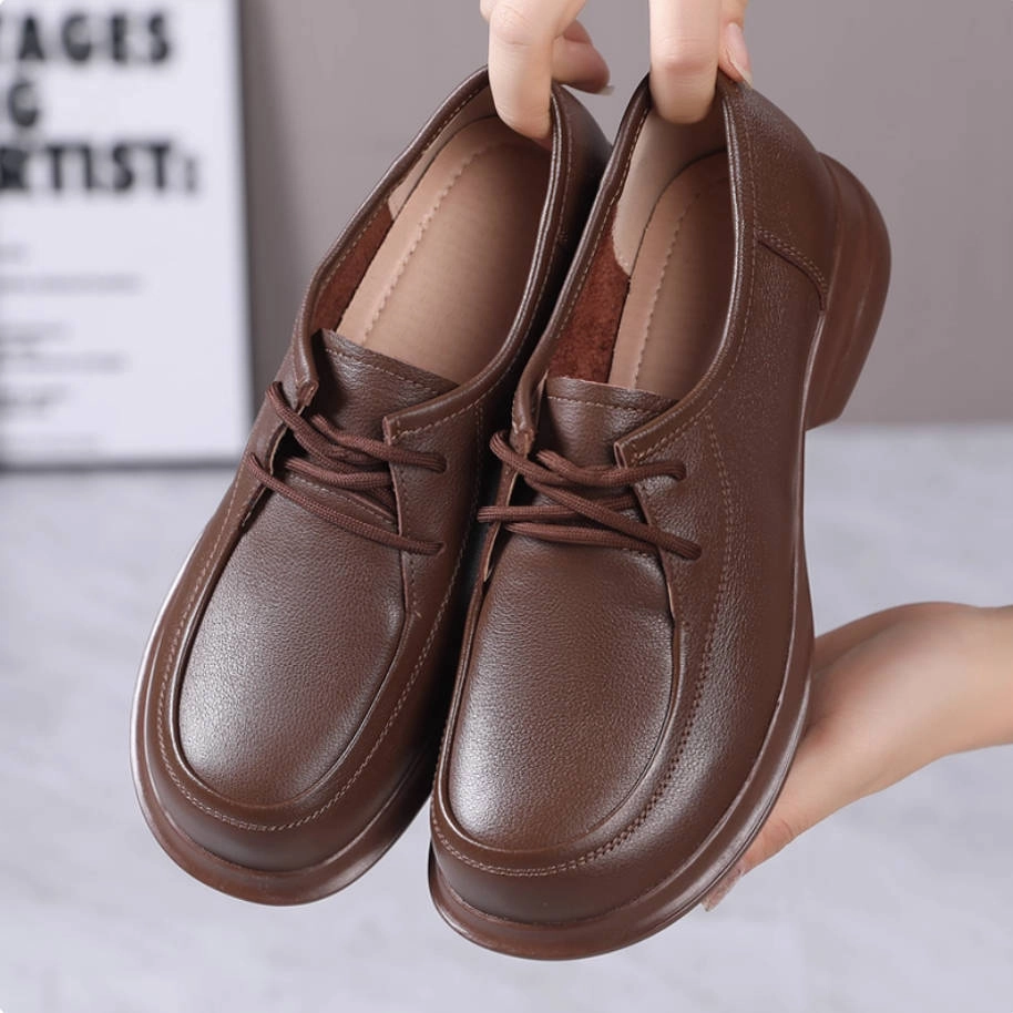Lightweight Performance Autumn Leather Casual Wide Round Toe Lace-Up Chunky Shoes