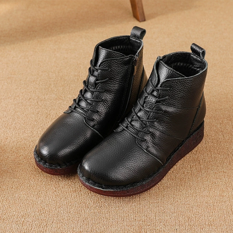 profitable Motion Control Feature Winter Vintage Top Leather Wide Toe Lace-Up Fleece-In Boots