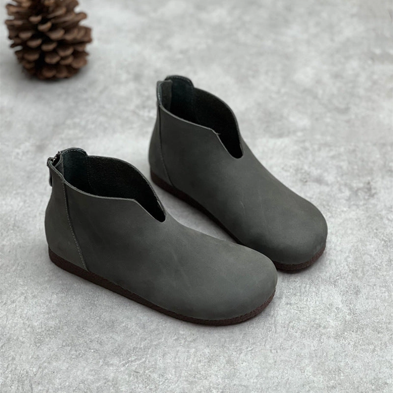 Gray Retro Minimalist Zipper Round Toe Flat Booties for Women Odor Control Fabric Ergonomic Arch Support