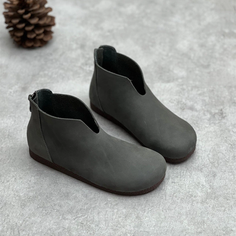 Gray Retro Minimalist Zipper Round Toe Flat Booties for Women shopper Friction Reduction Tech