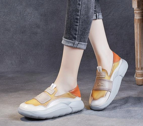 Women Retro Leather Casual Shoes Color Block Slip- Ons Important