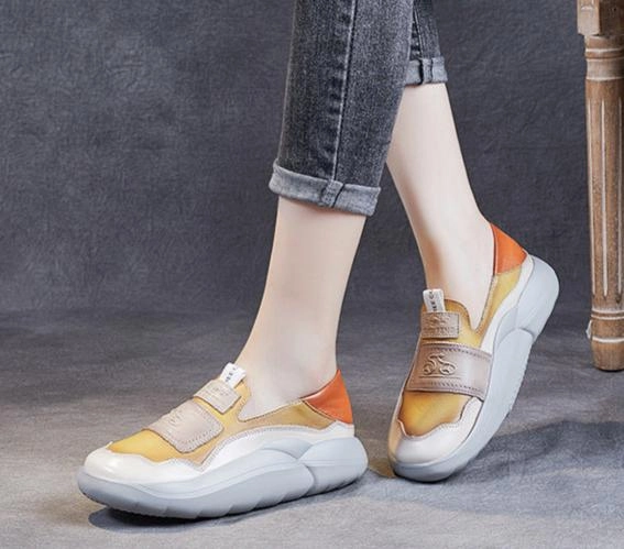 Women Retro Leather Casual Shoes Color Block Slip- Ons Seamless Interior Structure