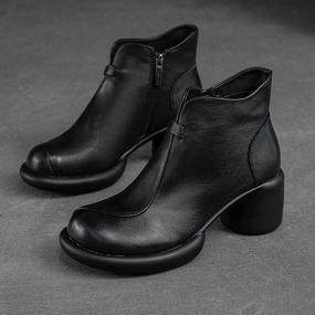 daily commuters Women Minimalist Retro Leather Chunky Heel Boots
