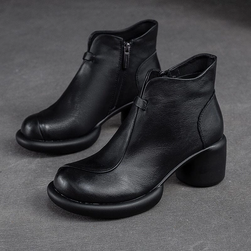 daily commuters Women Minimalist Retro Leather Chunky Heel Boots