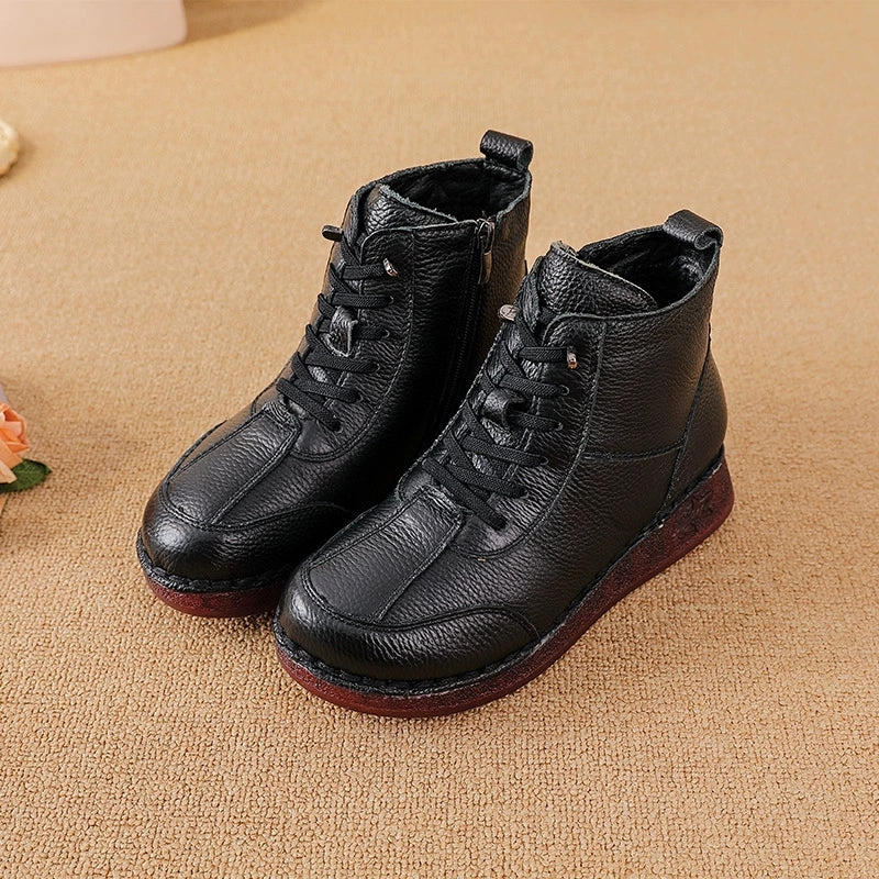 Winter Leather Fleece-In Patchwork Wide Toe Soft Sole Ankle Boots highest most gym
