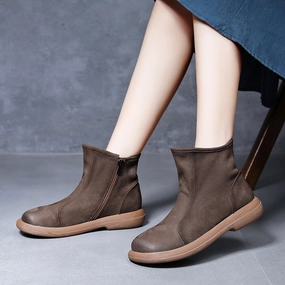 Zip - up Unique Style Retro Genuine Leather Side Zipper Ankle Boots for Women