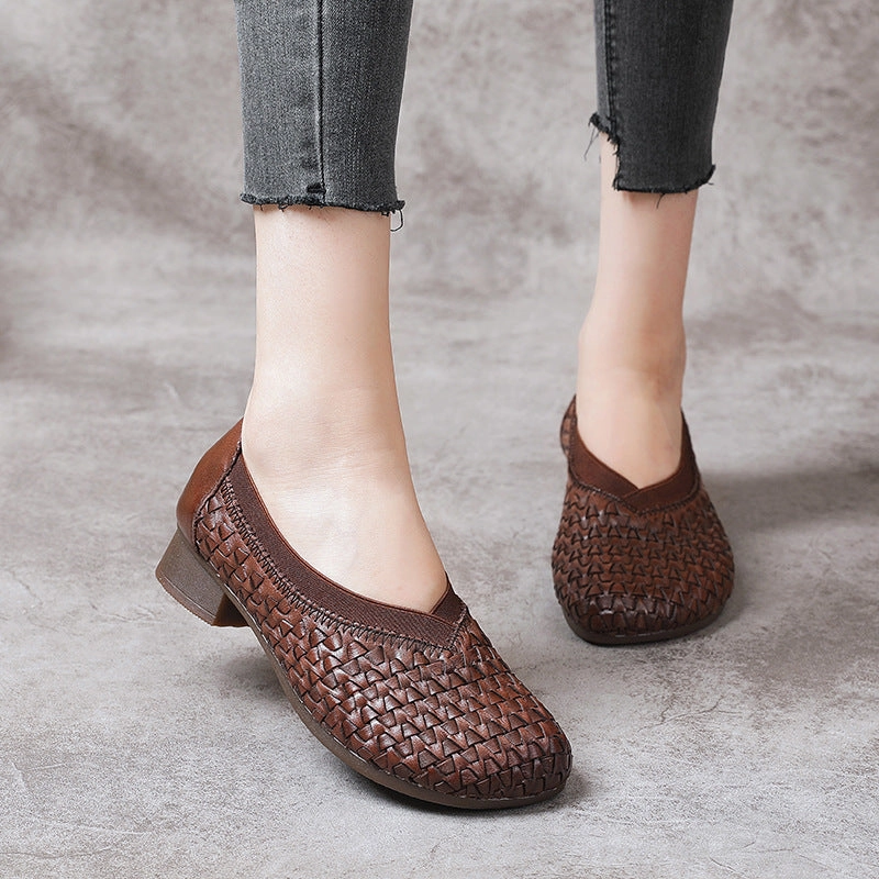 Retro Chunky Heel Soft Sole Woven Handmade Slip-Ons time-saving