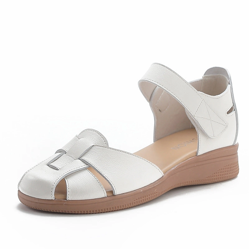 Women Summer Comfortable Genuine Leather Wedge Velcro Sandals seniors' Quick Drying Textile