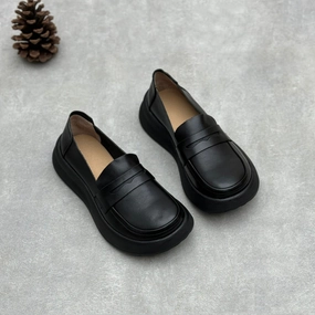Women Retro Comfy Soft Platform Genuine Leather Slip-Ons Easy to Wear Senior