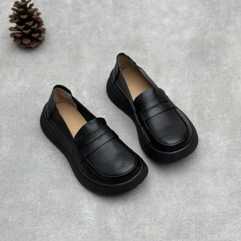 Women Retro Comfy Soft Platform Genuine Leather Slip-Ons Easy to Wear Senior