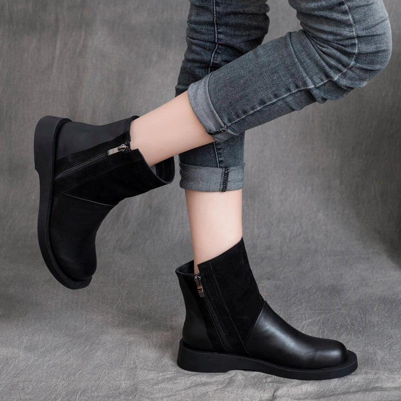 Women Stylish Retro Zipper Color Block Leather Boots Performance-driven Fall