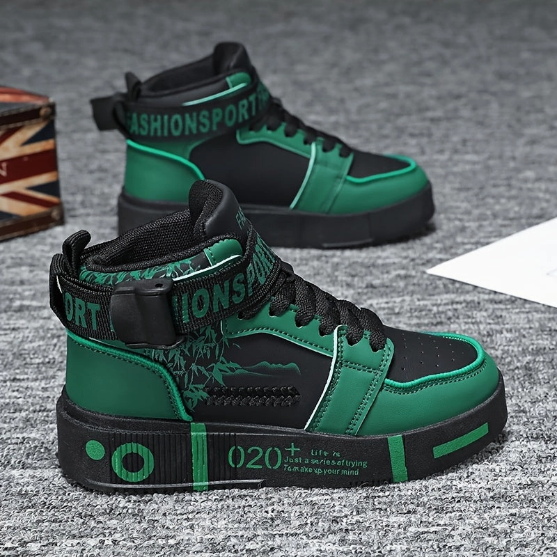 Geometric Print Men's High-Top Fashion Sneakers - Casual Lace-Up Athletic Shoes with Solid Color PU Upper, Breathable PU Lining, Durable Rubber Sole, and Comfort Fabric Insole