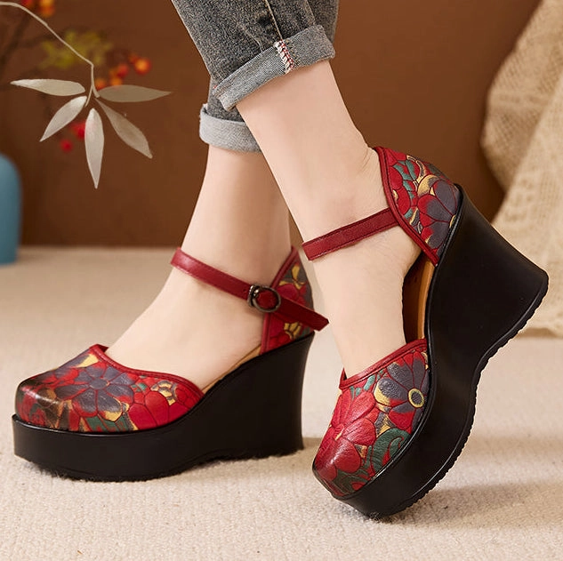 Women's Ethnic Style Retro Genuine Leather Printed Wedge Sandals Pressure Distribution Nodes Street Wear